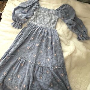 Blue Smocked Dress with Puff Sleeves